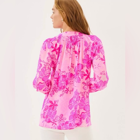 Lilly Pulitzer Elsa Silk Top Parigi Pink Supporting Squad Long Sleeve XXL NWT - Picture 2 of 15